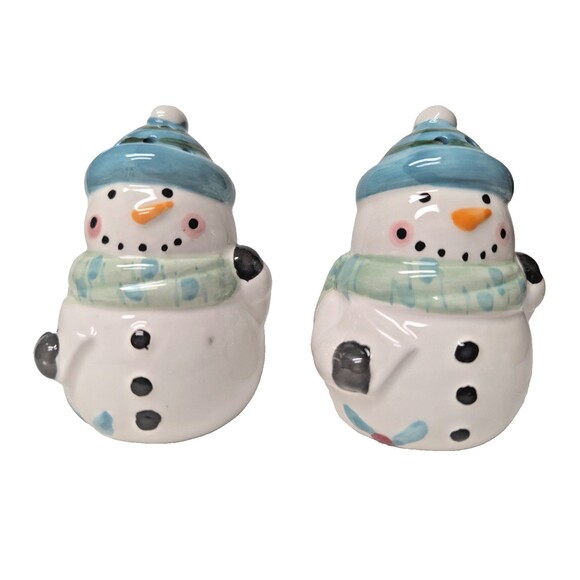 Snowman Blue Cap Salt Pepper Shakers Stoneware Christmas Holiday Kitchen Gift - Picture 1 of 7